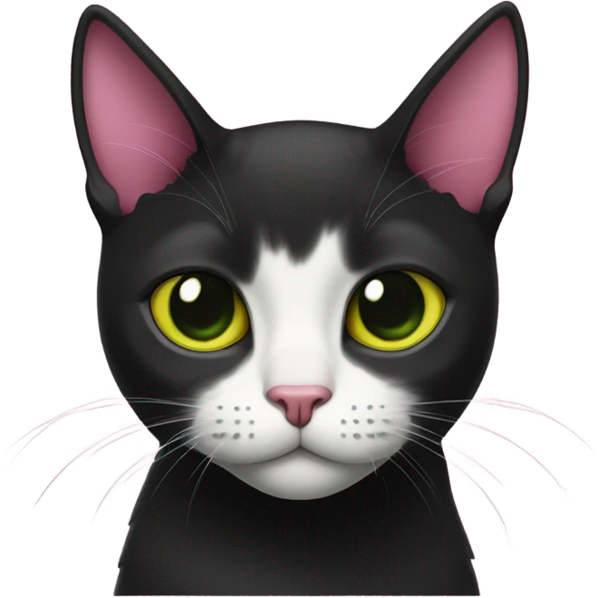 fully black shorthair cat with pink ears on the inside and eyes who’s color is green around the pupil and yellow around the green  emoji