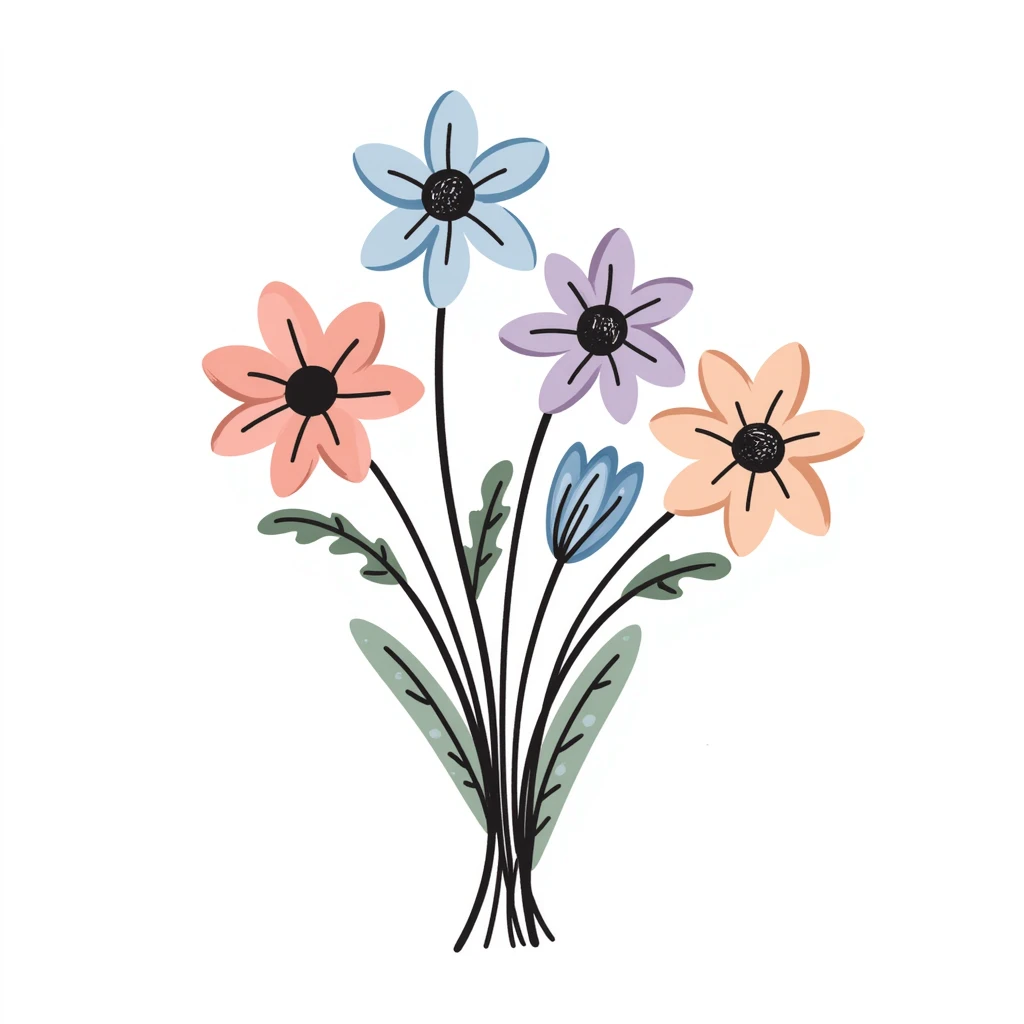 Simple bouquet of spring flowers with different blooms including small daffodils and daisies. Hand-drawn doodle style using pastel colors (pink, light blue, lavender, peach). Cheerful floral arrangement with leaves and stems. Delicate spring bloom design. emoji