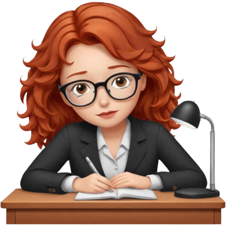 Pretty model, brown eyes, soft red wavy hair, falling asleep at desk emoji