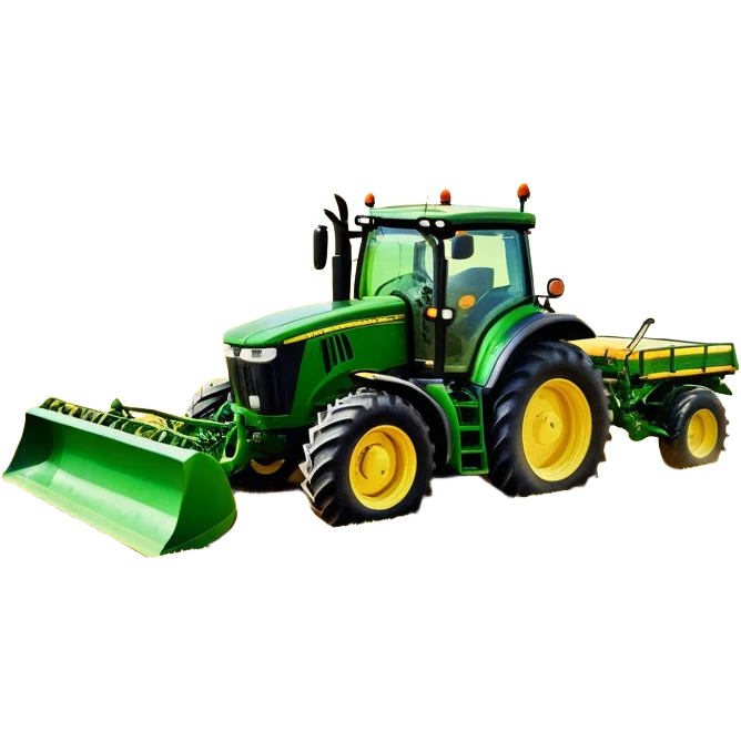 John Deere 6155M (2020) – Cinematic-realistic John Deere 6155M tractor, its iconic green and yellow body rolling across vast Australian farmlands. The powerful engine hums as it tows a massive plow, cutting through golden fields under a clear blue sky, dust rising in its wake. emoji