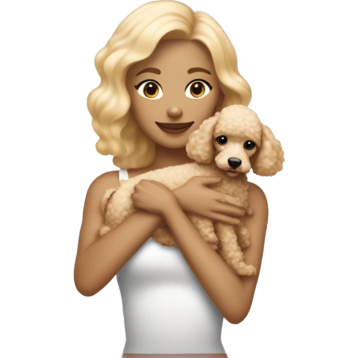 blonde woman straight hair hugging cream colored poodle puppy emoji