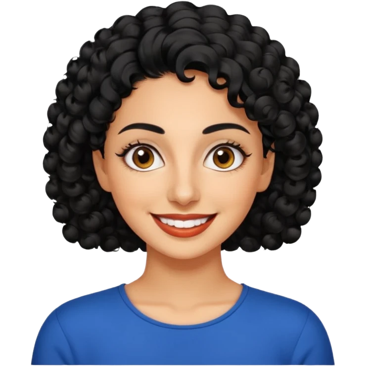 30 year old iranian woman very short curly black hair, big brown eyes, tanned skin, big smile, white teeth, pretty, stylish, shorter hair emoji