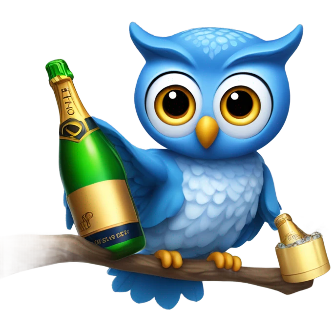 Blue owl holding a popped bottle of champagne  emoji