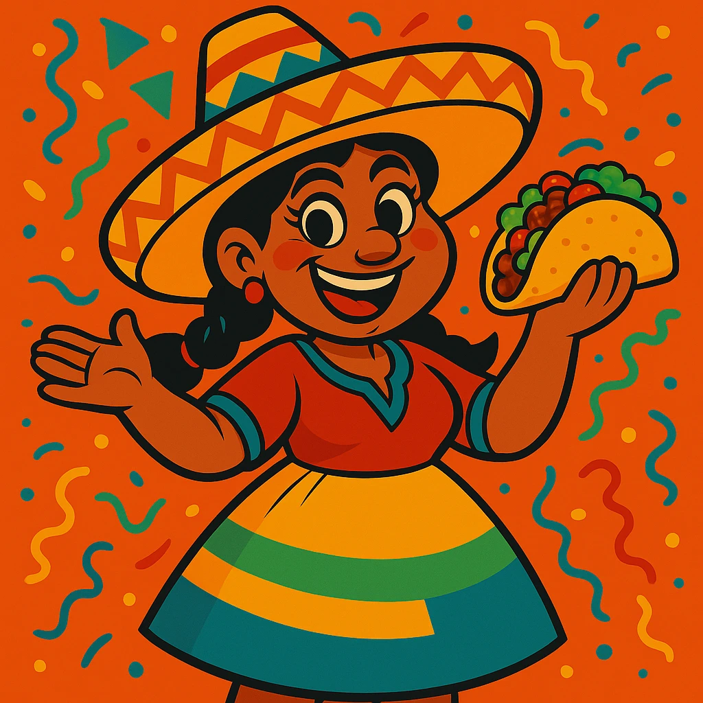Make the Mexican woman appear more ugly by exaggerating unattractive features, while keeping the sombrero and taco, in vibrant toon style. emoji