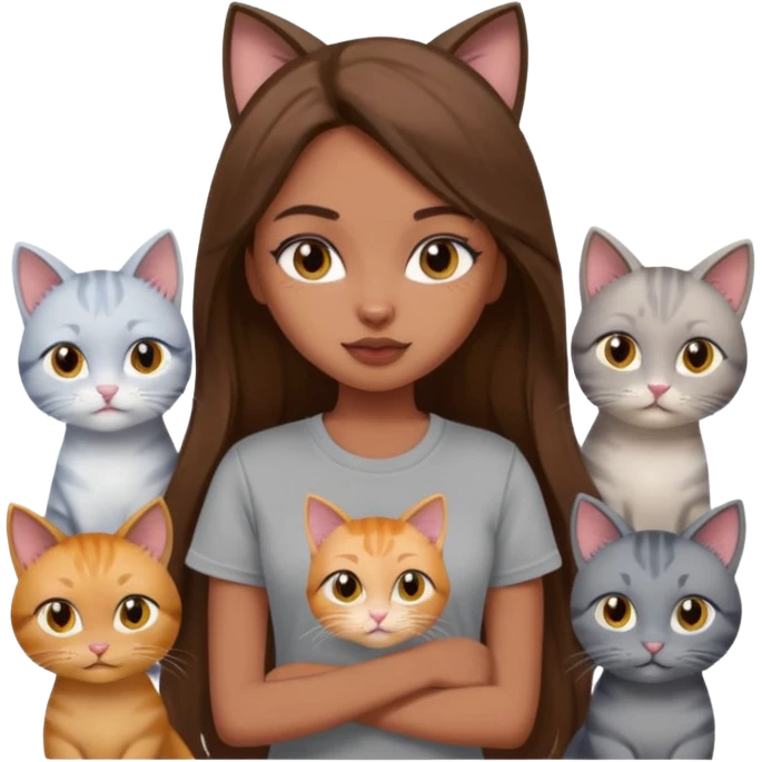 a pretty bratz dusky girl with long brown hair with six cats nd wearing a grey tshirt emoji
