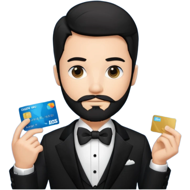 make a genmoji of a boy with a an amex card in hand and wearing a tux, black hair. bearded emoji