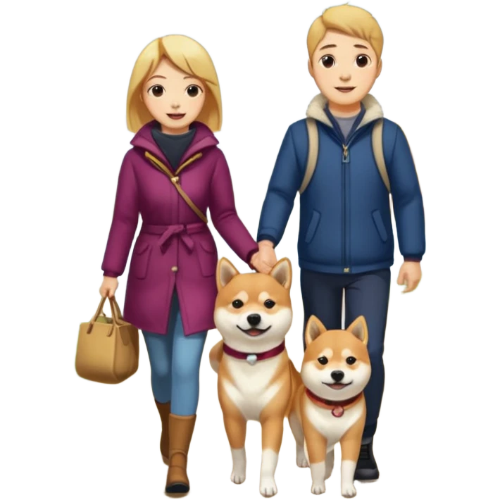 man and woman walking a Shiba Inu dog emoji