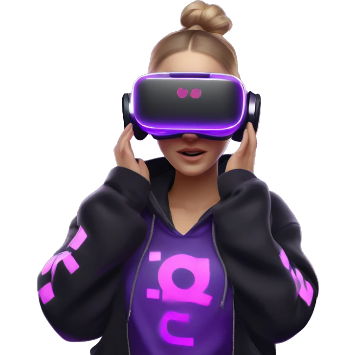 Russian girl wearing black hoody with violet letters "OMG", in vr headset oculus quest2. Dancing. Cyberpunk style. Violet neon. emoji