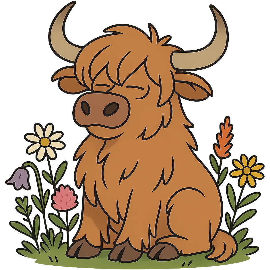 highland cow surrounded by wildflowers, cartoon style emoji