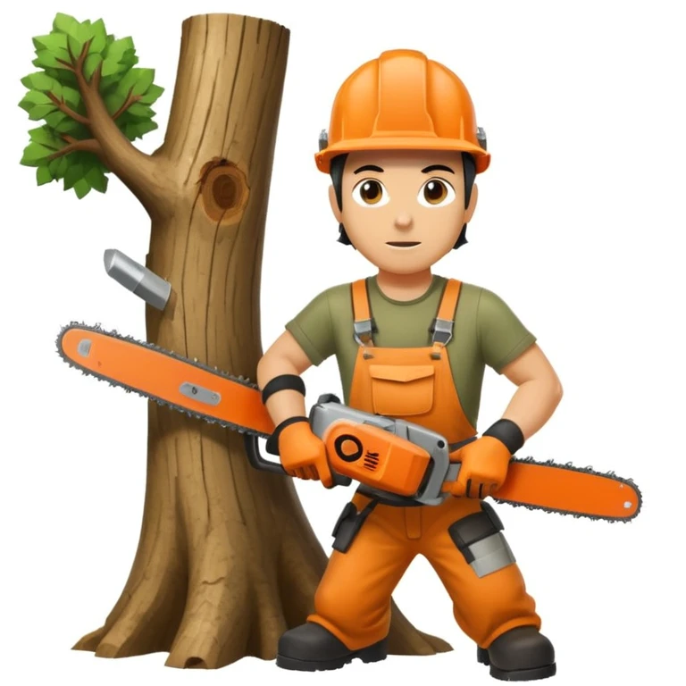 professional arborist cutting down a large tree with chainsaw, wearing safety helmet and protective gear. Scene includes detailed tree trunk, falling wood pieces, forest background, dynamic movement, and emphasis on expertise and safety in tree removal emoji