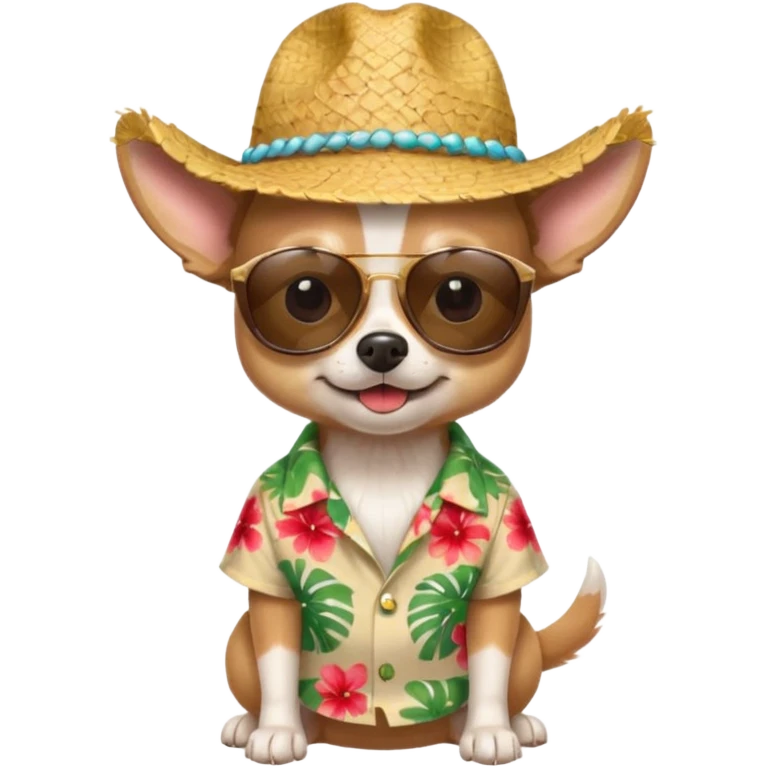 Chihuahua with sunglasses and straw hat, hawaii shirt emoji