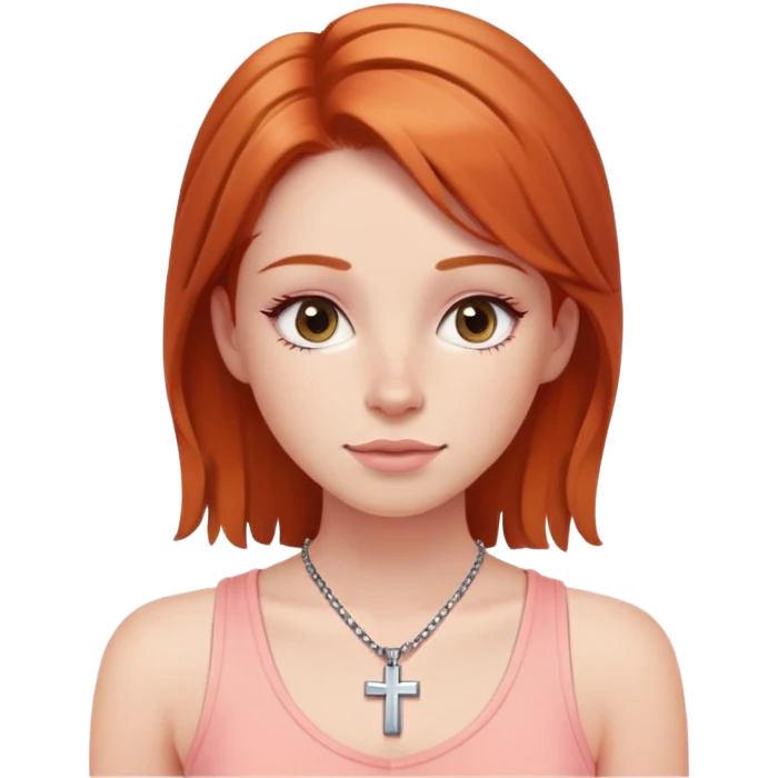 Auburn ginger haired girl with eyelashes wearing a cross necklace and a light coral pink tank top emoji