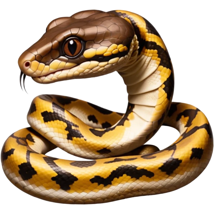 A photo-realistic digital illustration of a Ball Python, large headshot portrait. The snake has a short, rounded snout, smooth contours, and a calm, curious expression. Its head is warm brown with bold, irregular dark markings, including the signature “alien-head” pattern.  emoji