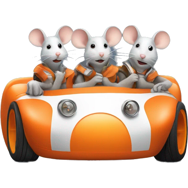 Three mice sitting in a carrot race car with helmut emoji