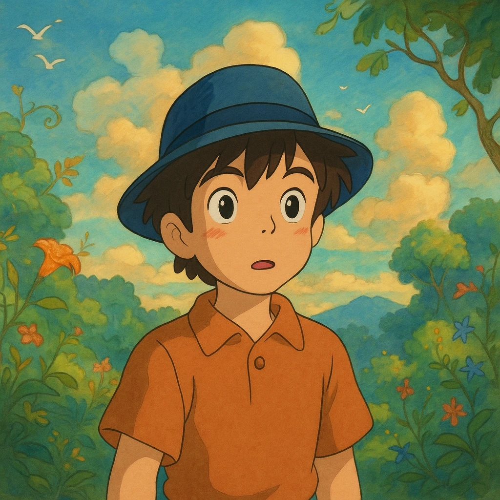 boy in a blue fedora, looking curious, whimsical background, Ghibli style emoji