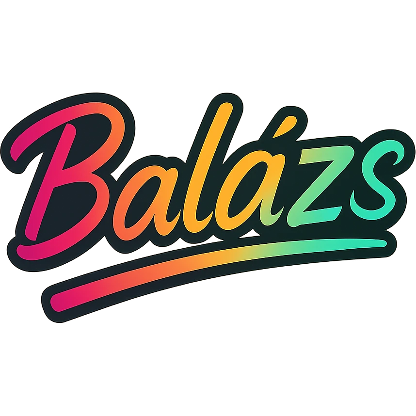 The name 'Balázs' in a modern, colorful gradient font with a dark outline, transparent background, with the name underlined or partially underlined with a dynamic, slanted underline, in the style of the sample images. emoji