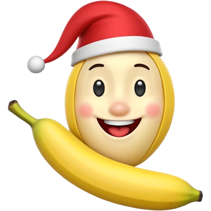 A 3D cartoon banana with a red nose and tiny hat, smiling face, playful pose, Memoji-style. emoji