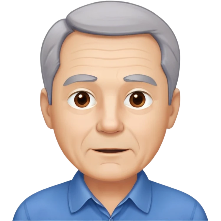 Older man with light complexion in his late 50s, round face, wide jaw, expressive brown eyes, thick eyebrows, short gray hair with visible hairline, friendly expression, wearing blue collared shirt emoji