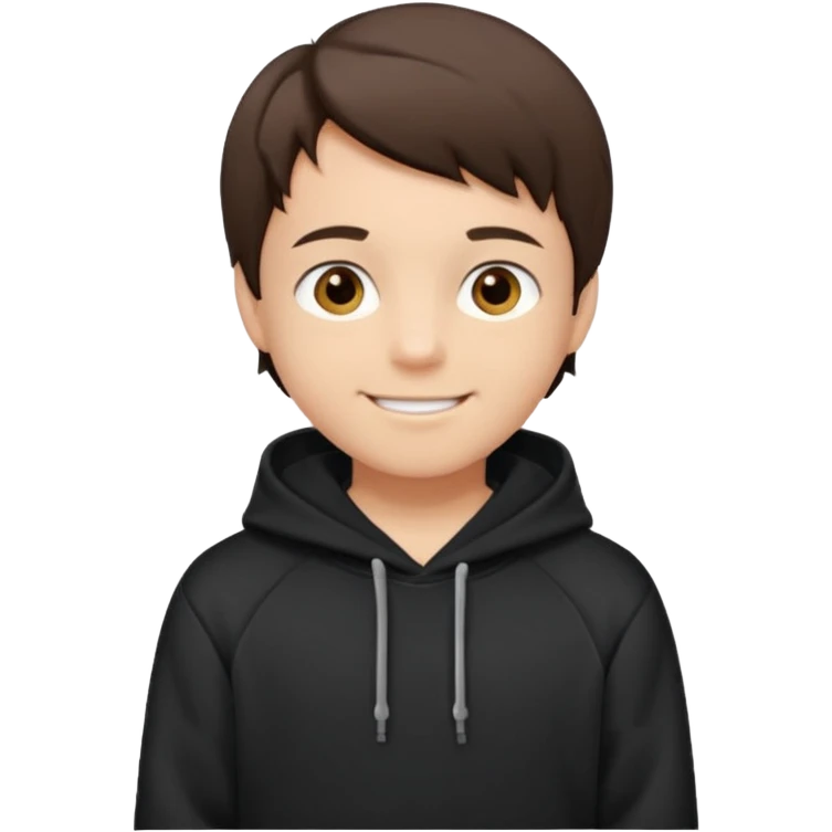 A brunette boy, short straight hair, light brown eyes, with a black sweatshirt with a hoodie, and smile  emoji