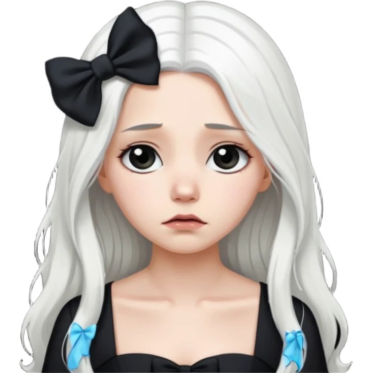 white long hair girl with black bow on her hair wearing black gown with a sad face emoji