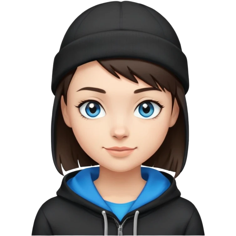 brunette short hair buzzed on the sides and wearing a black beanie that a side bang can be seen under. this girl needs blue eyes and a black hoodie. i want her to be smirking emoji