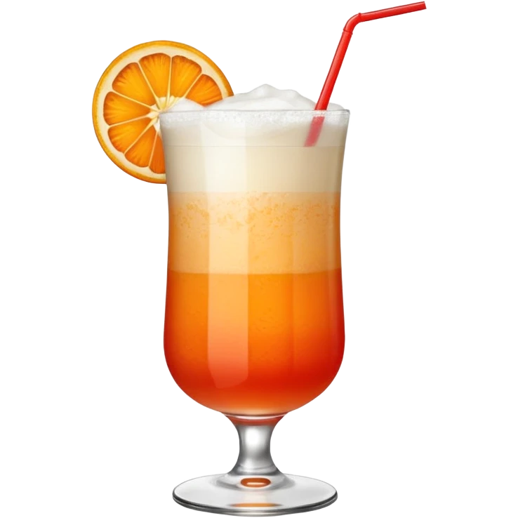 A tall glass filled with a frothy orange-red Garibaldi cocktail, topped with an orange wedge. emoji