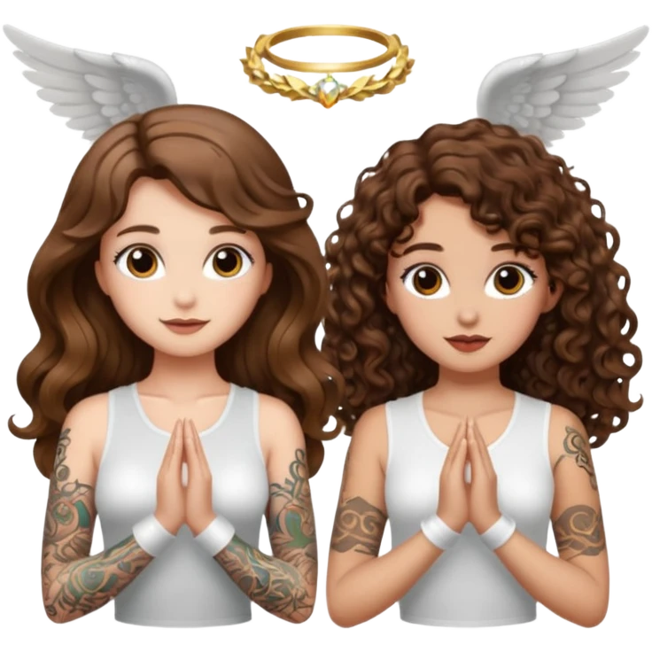 fake angel pose — long wavy brown hair tattooed woman and short tight curly brown hair woman — halo sparkle emoji