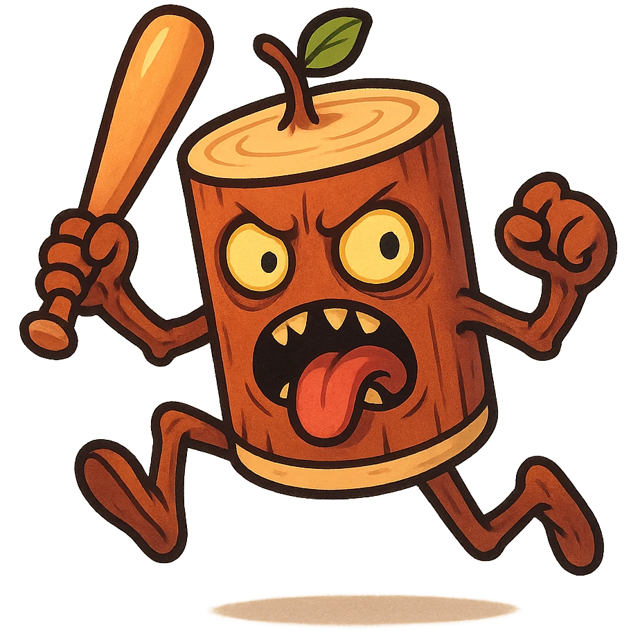 square image of absurd wooden stick-man creature, drum-like cylindrical body, holding baseball bat, cartoon style, bright vivid colors, expressive face, dynamic pose, a bit creepy yet funny,  emoji