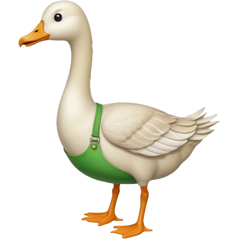 "Emoji of a white running goose with a very very long neck and two legs. The goose wears bright green dungarees." emoji