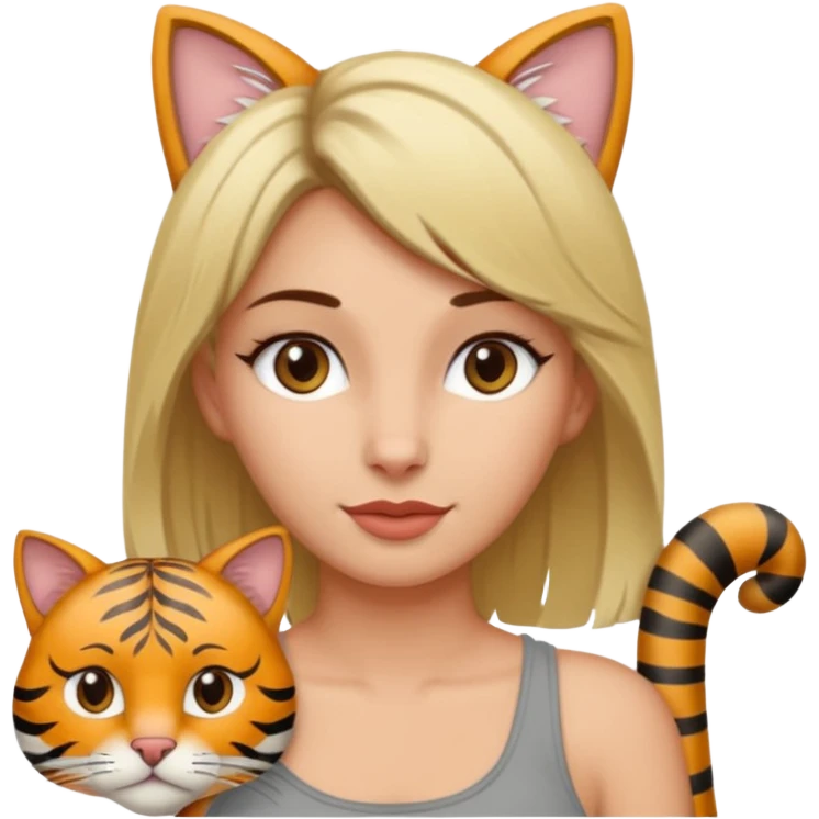 Une femme avec les cheveux dégradée, brun et blond, qui fait un câlin à son chat gris, tigré avec les extrémités que pattes et pointe d’oreilles noires et le dessous du menton blanc emoji