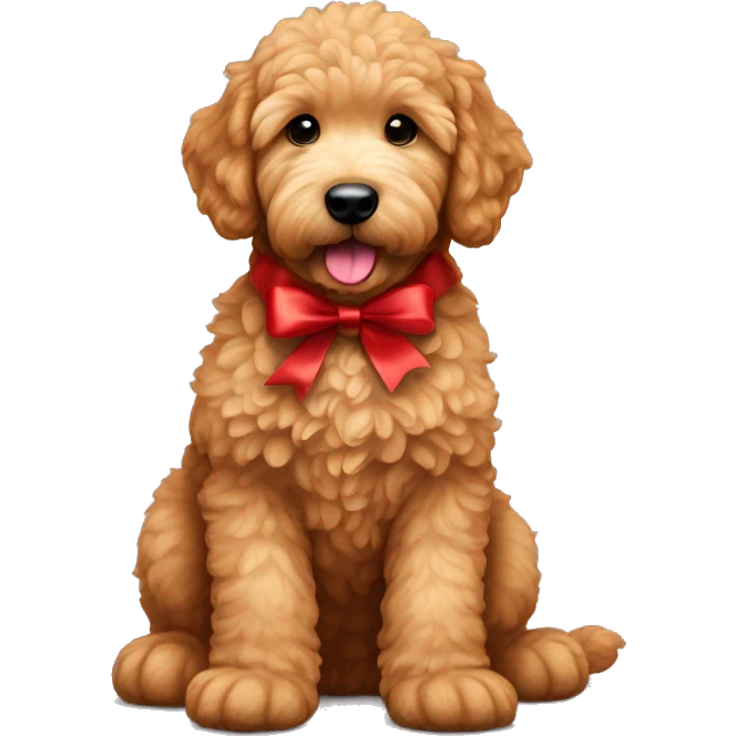 Ginger golden doodle. Baby. Full body sitting down. Red ribbon  emoji