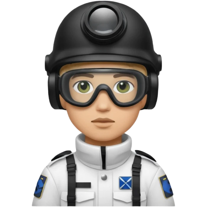 A Finnish modern soldier in a white snow uniform. with black night vision goggles emoji