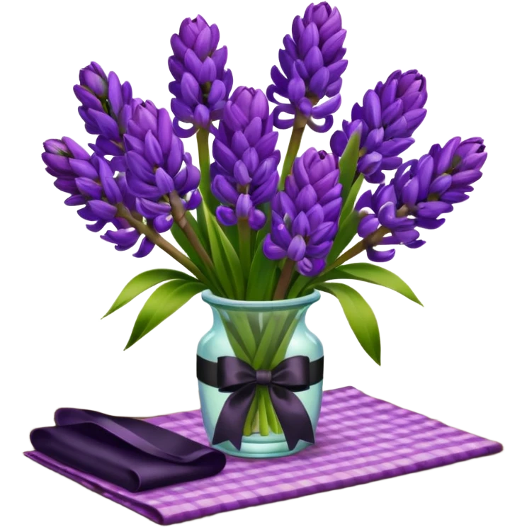 A lush bouquet of bright prple color Hyacinths black satin ribbon, resting on an antique wooden table, with a pale yellow and pink plaid pattern table cloth emoji