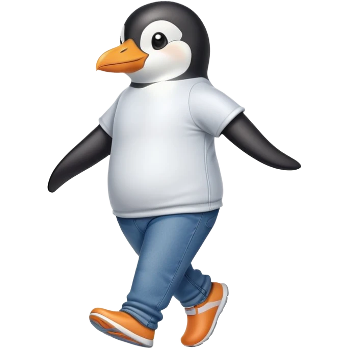 friendly anthropomorphised penguin in jeans and a t-shirt jogging upright standard pose no sunglasses emoji