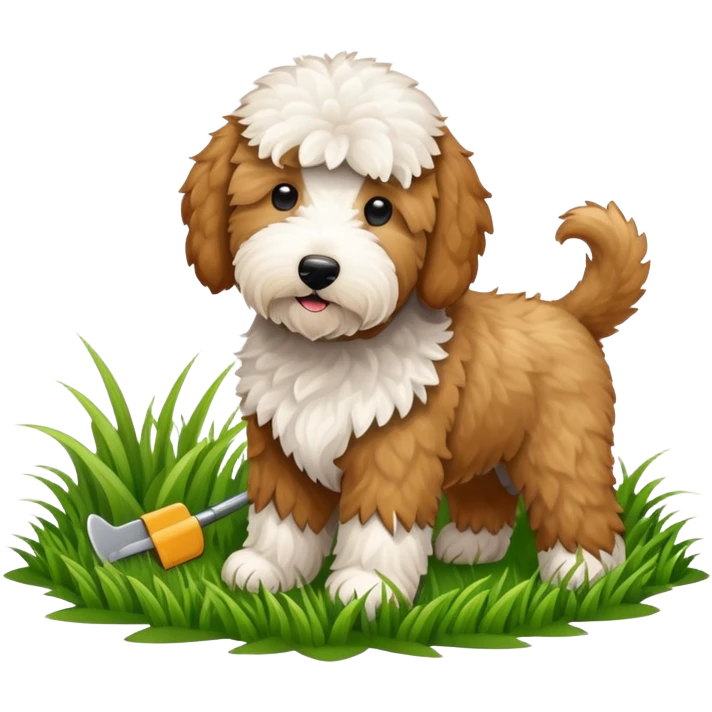 Golden doodle cutting grass emoji