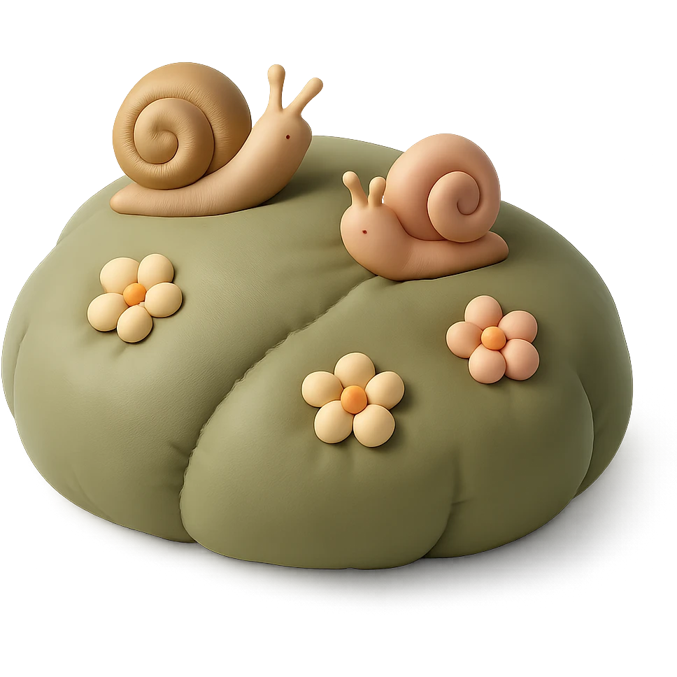 mossy rock with snails and small flowers in earthy pastel colors, cushion style emoji