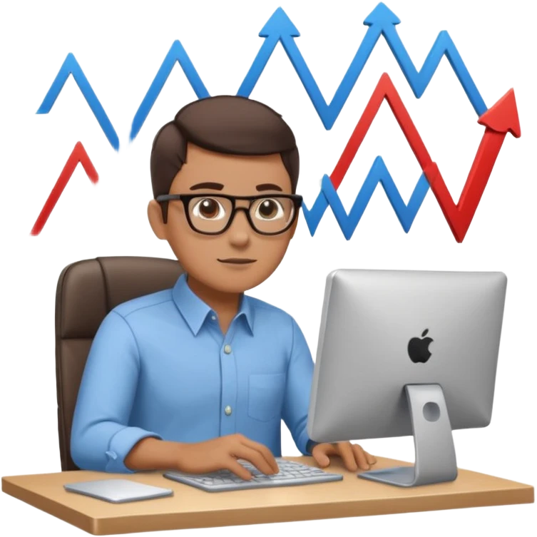 A person sitting at a desk working and looking at a computer with upward arrows and percentage signs, suggesting digital sales, marketing, or outreach. emoji