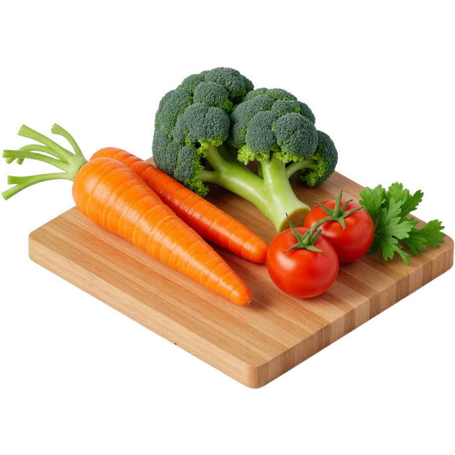 carrot tomato brocoli on the wooden cutting board with floating list  emoji