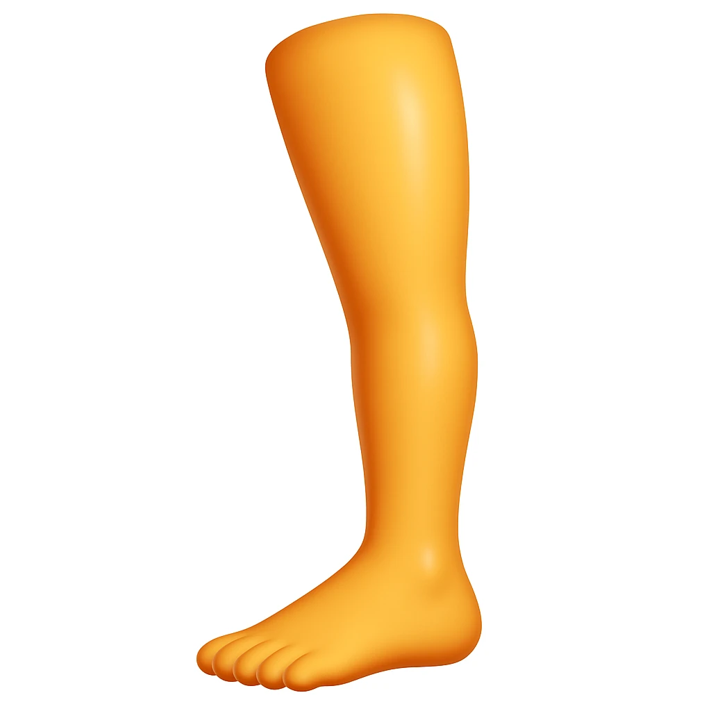 Create a single leg emoji that looks exactly like one of the legs in the reference image, in iOS emoji style. The emoji should have 3D appearance, shiny surface, smooth gradients, soft shadows, and a realistic leg and foot with the classic emoji look. Add a glossy effect to the skin. emoji