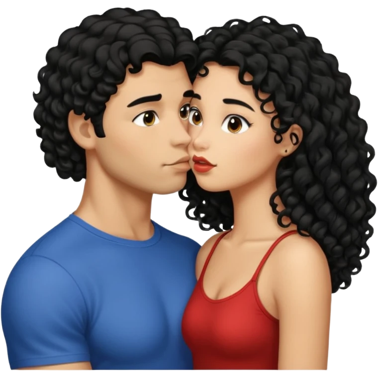 a strong man with straight short black hair kissing a shorter girl with long black curly hair emoji