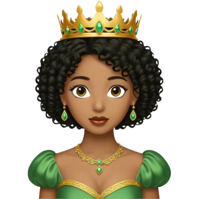 balck princess with black curly hair and a golden tiara. Green dress emoji