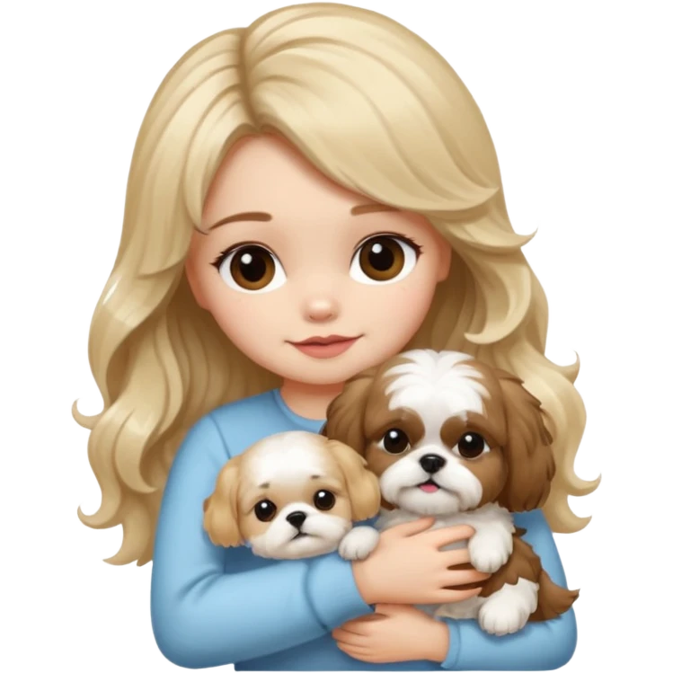 a girl with long, wavy brunette hair hugging a Shih Tzu with blonde fur and a cute bow emoji
