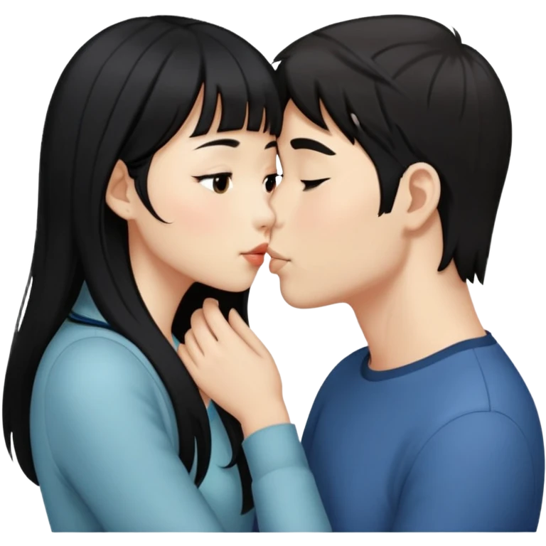Asian girl with long black hair and side swept bangs, kissing a white guy with dark brown hair that’s short emoji