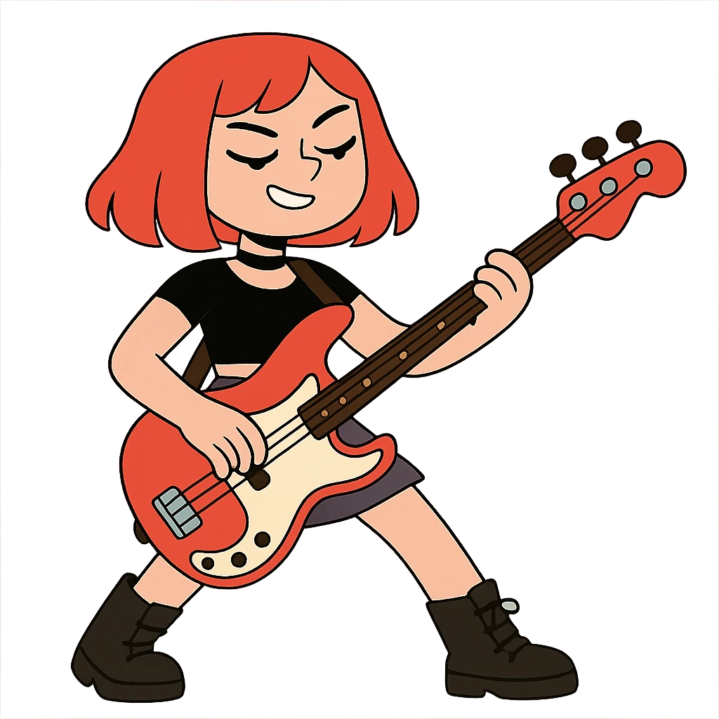 rock girl with red hair and red bass guitar, long bob hairstyle, retro rockstar vibe emoji