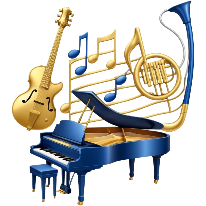 Create an elegant and artistic emoji that represents music arrangement and orchestration. The design should feature musical notes, a set of piano keys, a drum set, and an electric guitar to symbolize the diverse elements of orchestration and arrangement. Include a conductor's baton to emphasize the role of a conductor in bringing all the instruments together. Use a mix of rich colors like gold, silver, and deep blue for sophistication, and add flowing lines to represent the harmony between different instruments. The background should be transparent. emoji