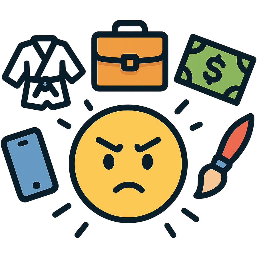 Yellow emoji with karate dogs, a briefcase, money, a phone and a paintbrush flying in its aura emoji
