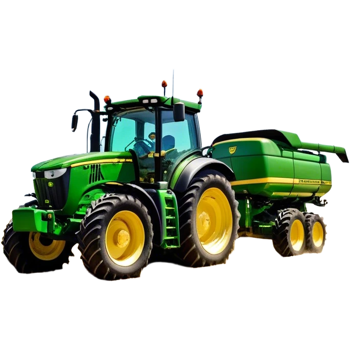 John Deere 6155M (2020) – Cinematic-realistic John Deere 6155M tractor, its iconic green and yellow body rolling across vast Australian farmlands. The powerful engine hums as it tows a massive plow, cutting through golden fields under a clear blue sky, dust rising in its wake. emoji