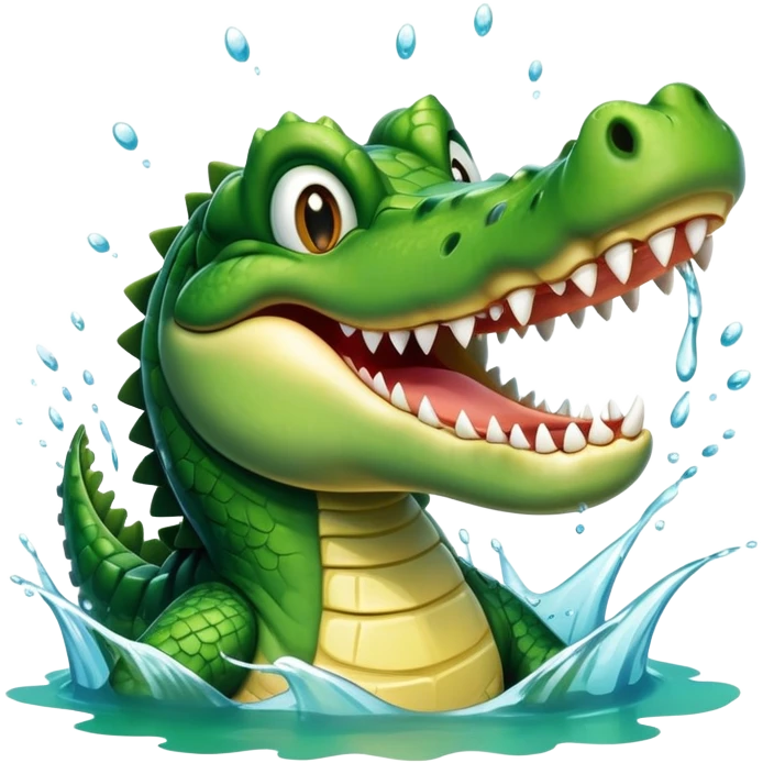 A crocodile with a happy face splashes in the water, showing off its big toothy grin emoji