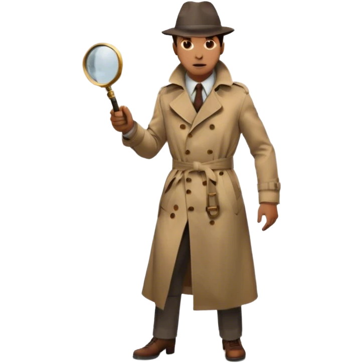 Icon for Detective Movie: A vintage movie poster-style design of a mysterious detective in a trench coat, holding a magnifying glass. Include dark alleyways, fog, and shadowy figures. The design should evoke a classic noir detective story with retro cinematic typography. Transparent background. emoji