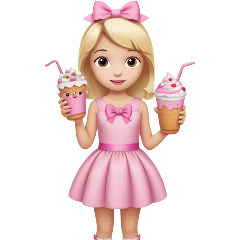 A little girl with a Dunkin' milkshake and a donut with pink frosting and marshmallows, wearing a pink coquette-style dress with bows and blonde hair. emoji